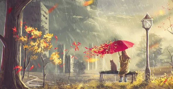 Осень, дождь, женщина под зонтом на скамейке