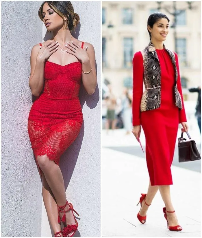 Красное платье с красными босоножками на моделях