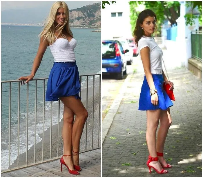 Белый топ, синяя юбка и красные босоножки на моделях