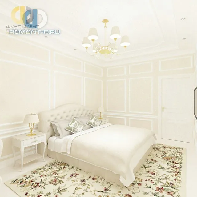 Дизайн светлой спальни в классическом стиле с нарядным ковром