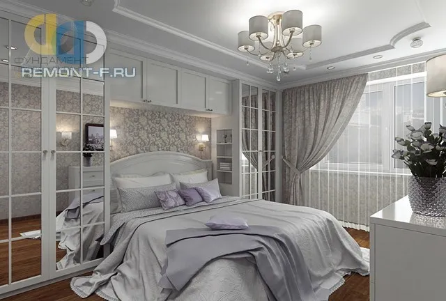 Дизайн неоклассической спальни в серых тонах с альковом