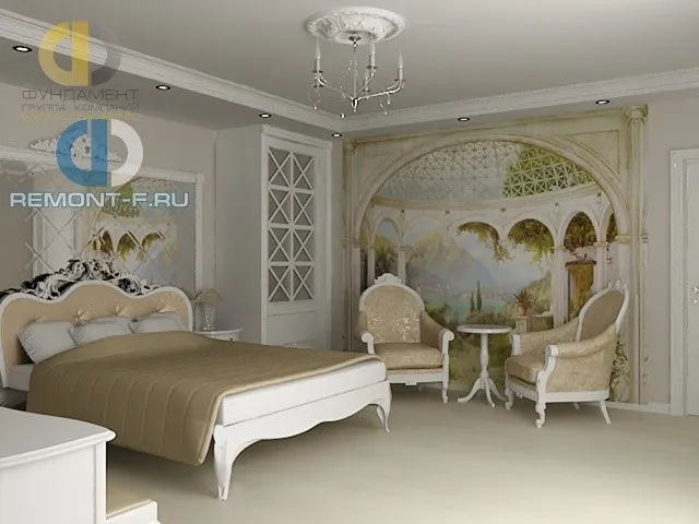 Интерьер светлой спальни с белой мебелью и фреской