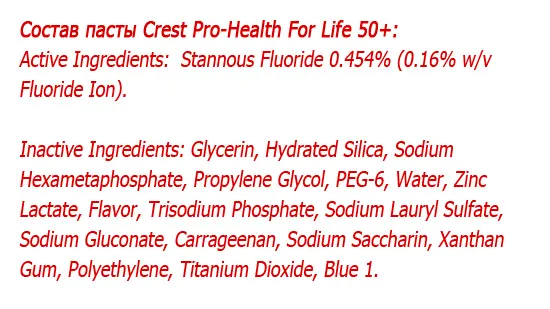Состав зубной пасты Crest Pro-Health For Life 50+