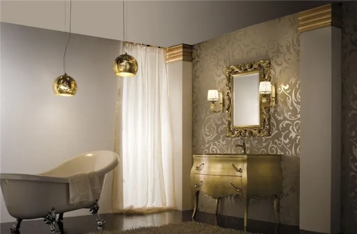 серый кафель в ванной с золотистой мебелью