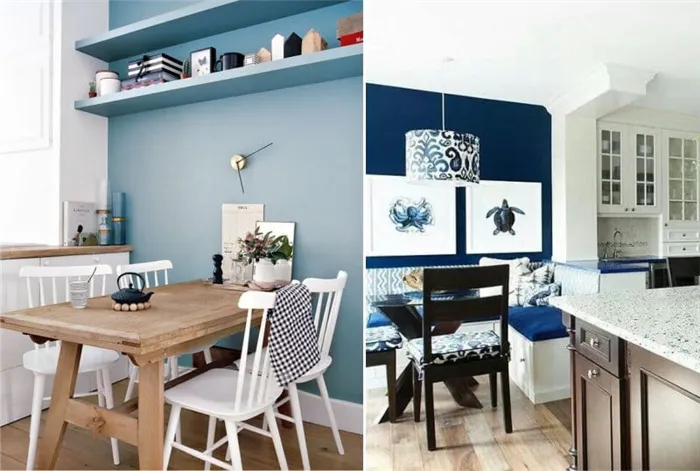 Акцентная стена в синем цвете в интерьере кухни