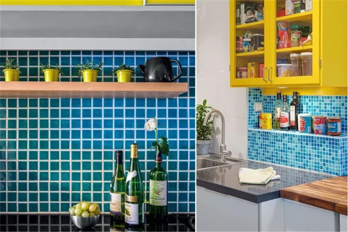 Желтый и синий цвет в оформлении рабочей зоны кухни