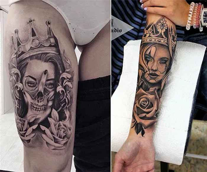 Женские татуировки с короной и цветами