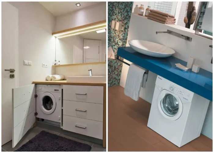 Оригинальные варианты размещения стиральной машинки и рукомойника в маленькой ванной. 