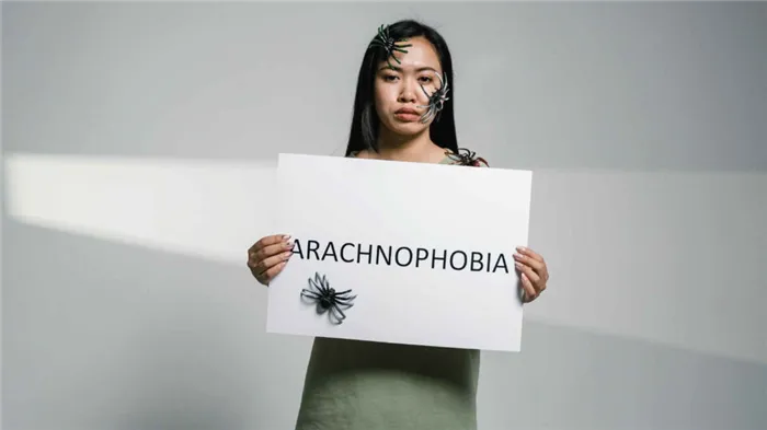 Девушка держит в руках плакат арахнофобия