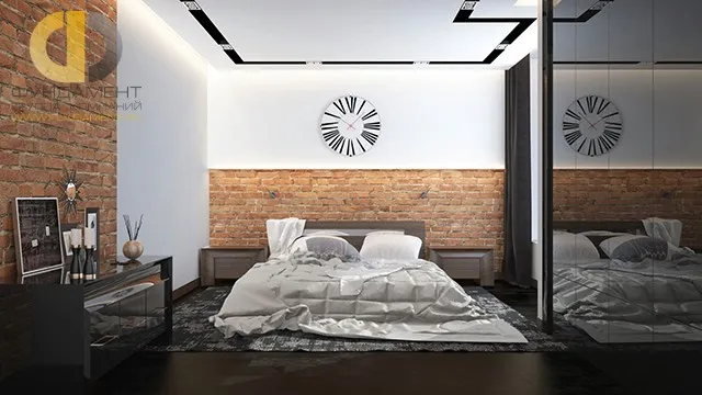 Дизайн спальни 15 кв. м в современном стиле. Фото интерьера с кирпичной кладкой