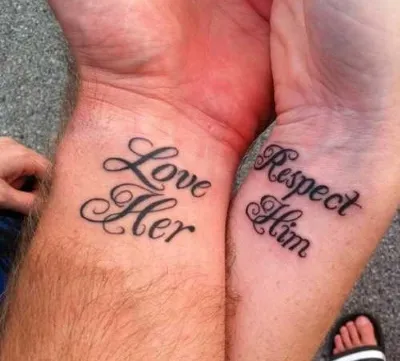 Парные татуировки для двоих влюбленных. Эскизы, фото надписи с переводом для мужа и жены, парня и девушки