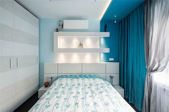Бирюзовая спальня в стиле минимализм - Дизайн интерьера