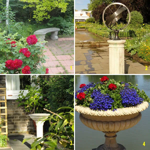 Оформление сада в викторианском стиле: традиционная английская холодная скамья (1), астролябия (2), купальня для птиц (3), каменная ваза (4). Фото автора