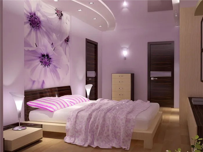 Светлая мебель в спальне с сиреневыми стенами