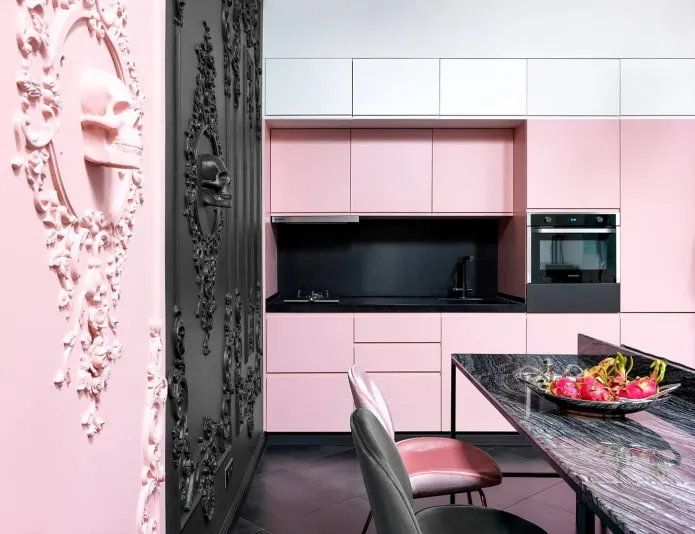 Черно-розовая однорядная кухня