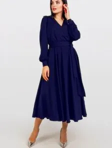 Нарядное синее шелковое платье миди на длинный рукав