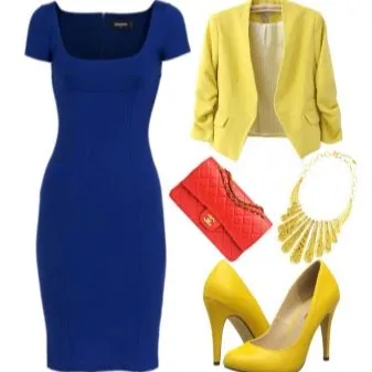 Желтая обувь к синему платью 
