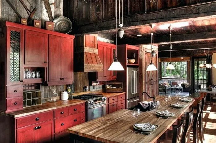 Дизайн красно-черных кухонь и красный потолок