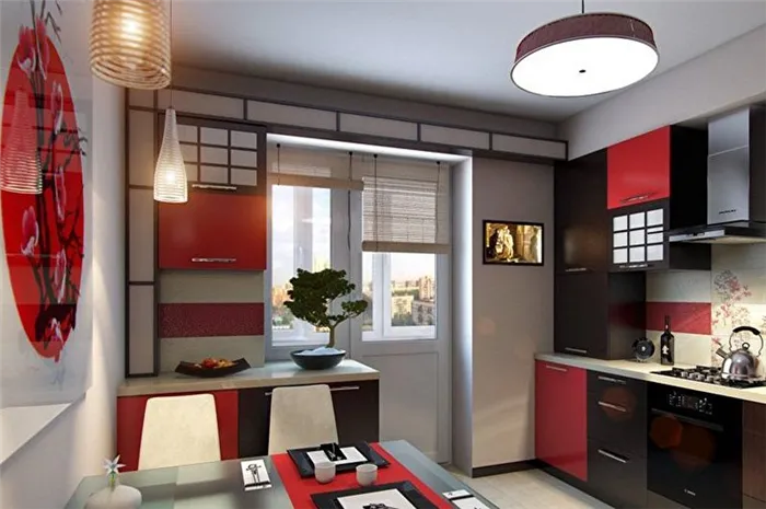 Дизайн красно-черных кухонь со столом в центре