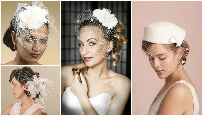 Плоские шляпки, крупные цветы и короткая вуаль - отличное дополнение к образу ретро-невесты