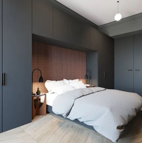 спальня со встроенными шкафами над кроватью
