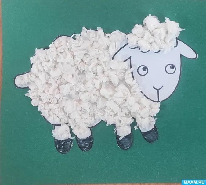 Мастер-класс по аппликации из бумажных салфеток «Белая овечка» для детей 5–6 лет