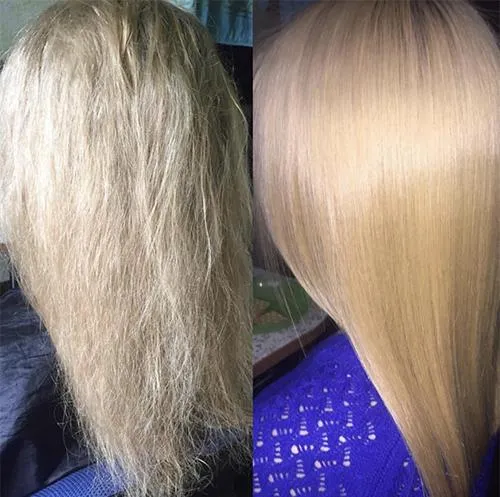 пушистые волосы до и после аминокислотного выпрямления