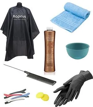 пеньюар, полотенце, миска, перчатки, расчёска, препарат для кислотного выпрямления