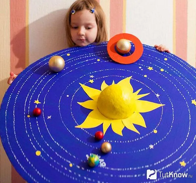 Девочка держит перед собой макет Солнечной системы