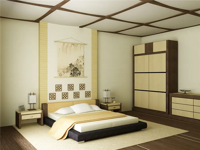 При оформлении спальни в японском стиле стены можно украсить традиционными гравюрами