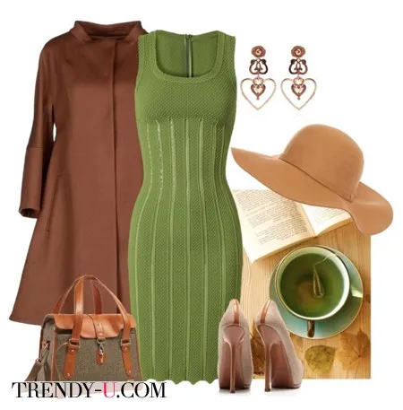 Зеленое платье и аксессуары в коричневой гамме
