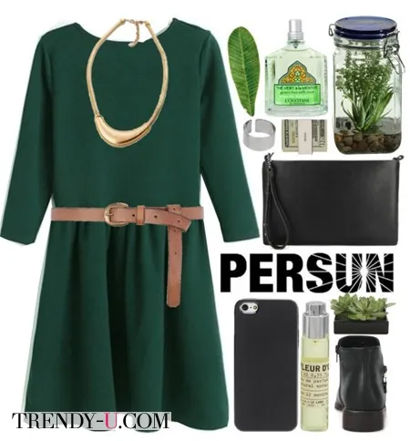 Повседневное зеленое платье и аксессуары