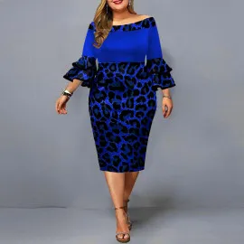 Синее платье с леопардовым принтом большие размеры MN062-3