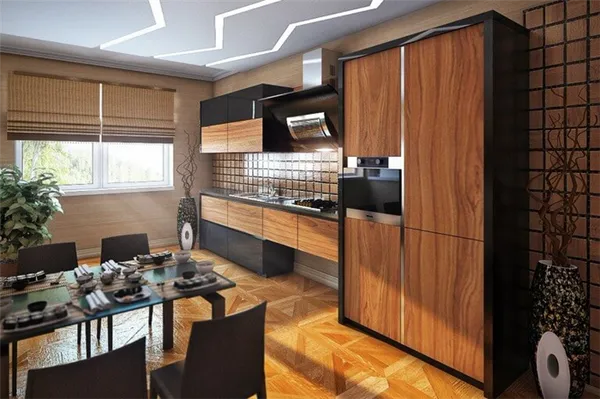 Фото интерьера кухни с кухонным гарнитуром отделанным древесным шпоном