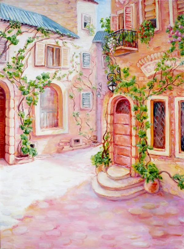 картина масло прованский дворик в розовых цветах с крылечком и вьющимся виноградом