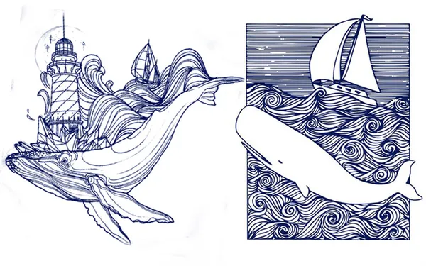 Эскиз тату кит и маяк, кит с парусником
