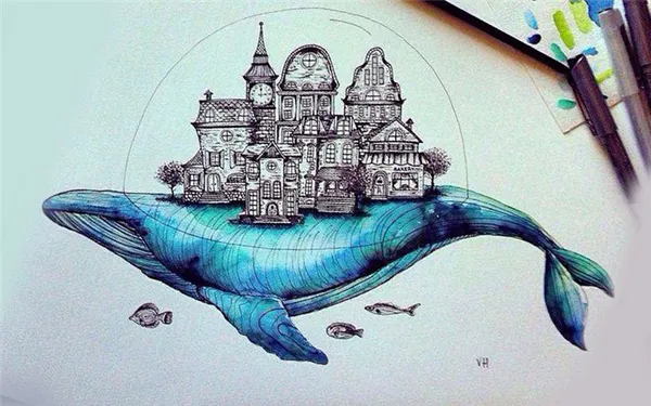 Эскиз тату кита с домами на спине