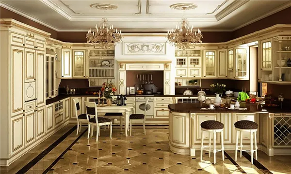 Фото роскошной кухни в классическом стиле П-образной планировки с порталом над плитой