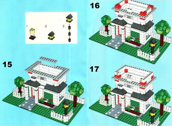 Пошаговая схема строительства двухэтажного дома лего: шаг 15-17