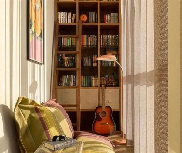 Шкаф с книгами, гитара и диван на лоджии